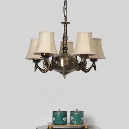 new era Devansh 05 Lights Off-white Round cotton shade with Antique Golden Chandelier -H image 2
