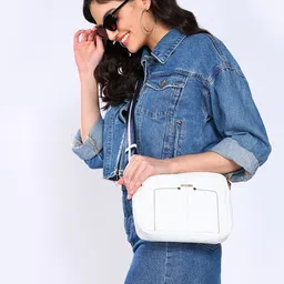 Sassora White Striped Leather Structured Sling Bag image 1