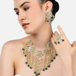 Zaveri Pearls Green Ethnic Kundan Choker Necklace Earring Maangtikka & Ring Set-ZPFK10805-picture-30