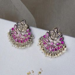 Teejh Nimrat Magenta Stone Silver Oxidized Drop Earrings-picture-22