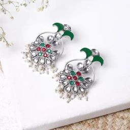 Teejh Sunehri Green Red Silver Oxidized Dangler Earrings-picture-1