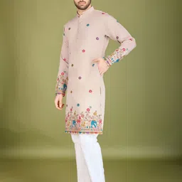 ODETTE Men Geometric Embroidered Flared Sleeves Thread Work Kurta image 4