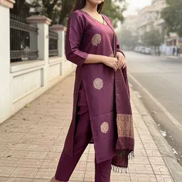 JAPNAAM Women Ethnic Motifs Regular Chanderi Silk Kurta with Trousers & With Dupatta image 3