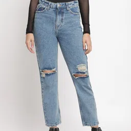 Belliskey Women Blue Mom Fit Mid-Rise Slash Knee Jeans-picture-45