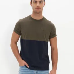 American Eagle Outfitters Navy & Olive Cotton Regular Fit Colour Block T-Shirt-picture-20