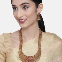 Zaveri Pearls Pink & Green Peacock Inspired South Indian Style Necklace & Earring Set-ZPFK10281-image-77