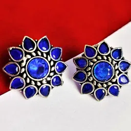 Yash Jewels Emporiums Silver Plated Artificial Stones Studded Oxidised Floral Shaped Studs-image-19
