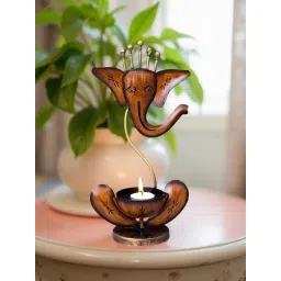 Golden Peacock Handcrafted and Handpainted Iron Ganesha Tea Light Candle Holder - Brown image 2