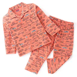Babyhug Cotton Knit Full Sleeves Night Suit With Cars Print - Orange-picture-21