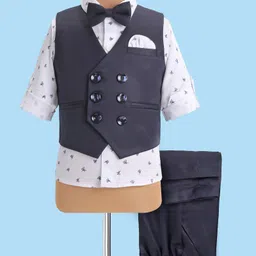 Robo Fry Woven Full Sleeves  Printed 3 Piece Party Suit with Bow - Blue-picture-25