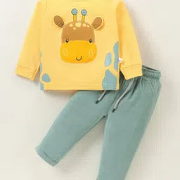 Wow Clothes Cotton Knit Full Sleeves T-Shirt & Woven Lounge Pants Set With Giraffe Applique - Gold & Teal-picture-18