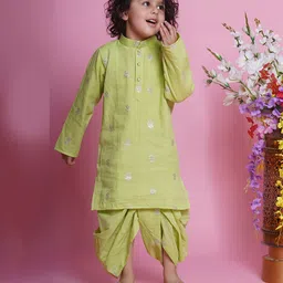 Little Bansi Full Sleeves Floral Foil Printed Kurta With Dhoti Set - Green-picture-36