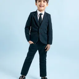 Babyhug Woven Full Sleeves Solid Color 3 Piece Party Suit with Tie - Dark Green-picture-23