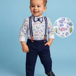 Babyhug Knit Full Sleeves Dino Printed Shirt & Pant with Bow & Suspender - Navy Blue & White-image-104