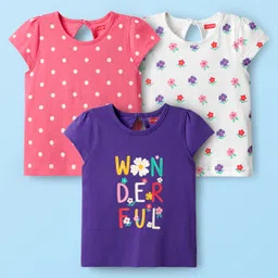 Babyhug Cotton Knit Half Sleeves T-Shirts With Tropical Print Pack Of 3 -Purple & Pink-picture-36