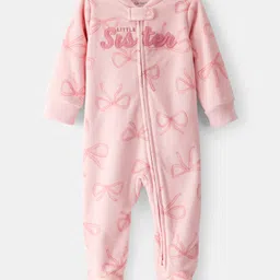 Carter's Knit Full Sleeves Sleep Suit with Bow & Text Print - Pink-picture-10