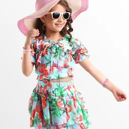 OLLINGTON ST. Woven Half Sleeves Floral Printed Top & Skirt Co-Ord Set with Frill Detailings - Light Green-image-60