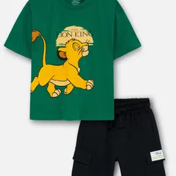 Nap Chief Pure Cotton Knit Disney The Lion King Featuring Half Sleeves Simmba Printed Coordinating Oversized Tee & Cargo Shorts Set - Dark Green-picture-27
