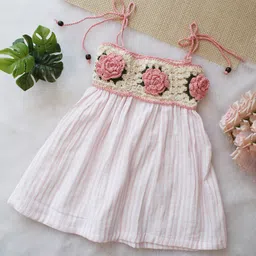 Woonie Cotton Woven Sleeveless Floral Crochet Designed Dress - Pink-picture-27