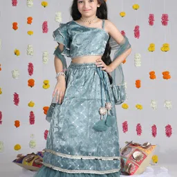 Cutiekins Organza Woven Half Flutter Sleeves Sequins Embellished Chevron Designed Lehenga Choli With Dupatta Set - Sea Green & Silver-image-68