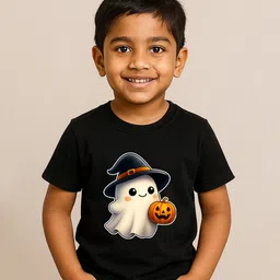 BLUSHES 100% Cotton Knit Halloween Theme Half Sleeves Poltergeist With Spooky Pumpkin Printed Tee - Black-picture-25
