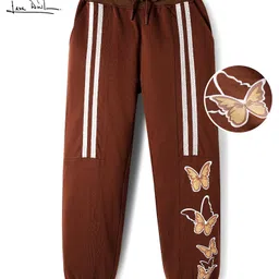 arias by lara dutta Arias 100% Cotton Knit Full Length Joggers With Glitter Butterfly Print & Cut & Sew Detailing - Brown image 2