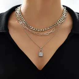 Zaphariq Silver-Plated Cubic Zirconia Studded Statement Layered Necklace image 3