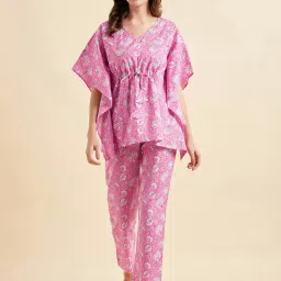 Sweet Dreams Pink Printed Kaftan Top With Lounge Pants-picture-35