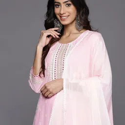 Varanga Floral Embroidered Regular Mirror Work Pure Cotton Kurta With Trousers & Dupatta-image-84