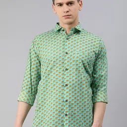 MILLENNIAL MEN Men Sea Green & Mustard Yellow Regular Fit Printed Casual Shirt-picture-10