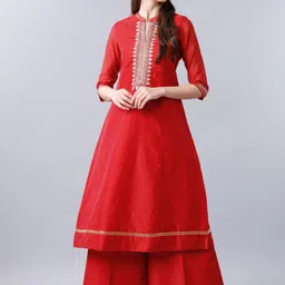 Vishudh Women Red Yoke Design Embroidered A-Line Kurta-picture-20