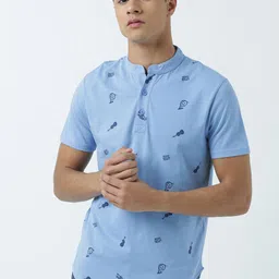 Huetrap Men Blue Printed Mandarin Collar T-shirt-picture-19