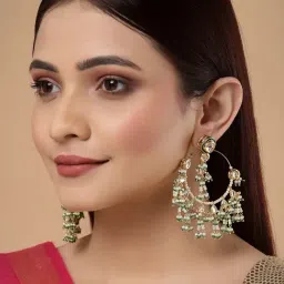 Dugran By Dugristyle Green & White Chand Bali Earrings with Kundan & Pearls for Women-image-59