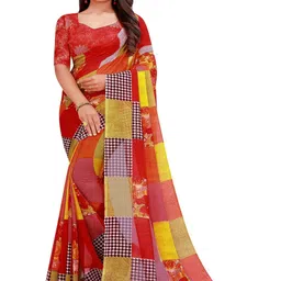 KALINI Red & Yellow Floral Georgette Block Print Saree-picture-31