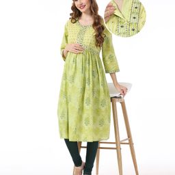 Bella Mama 100% Cotton Woven Three Fourth Sleeves Floral Printed Maternity Kurta with Highlighted Yoke  - Green-picture-39