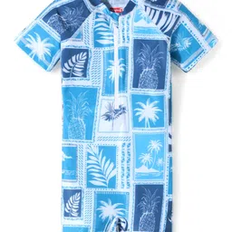 Babyhug Half Sleeves Water Repellent Two Way Stretch Legged Swimsuit with Tropical Print -  Blue-picture-14