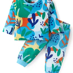 Babyhug Cotton Knit Full Sleeves Co-Ord Night Suit with Leaves Print - Light Blue-picture-38