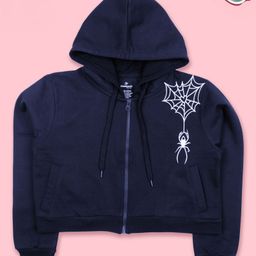Kiddopanti Fleece Full Sleeves Spider Printed Front Zip Opening Crop Length Hooded Sweatshirt - Navy-picture-5