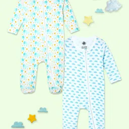 The Mom Store Cotton Knit Pack Of 2 Full Sleeves Elephants & Happy Clouds Printed Sleepsuits - Multi Colour-picture-27
