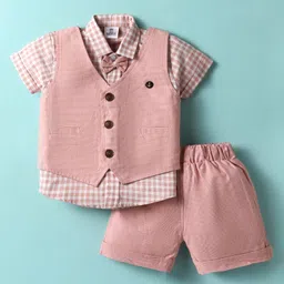 Mini Taurus Textile Knit Half Sleeves Checks 3 Piece Party Suit With Bow Applique - Light Red-picture-19