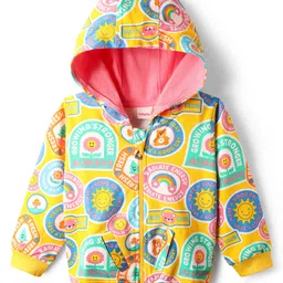 Babyhug Cotton Knit Full Sleeves Hooded Sweatjacket with Text Print & Kangaroo Pocket - Yellow-picture-34