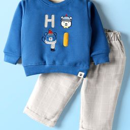 Ollypop Fleece Knit Full Sleeves Winter Wear Sweatshirt & Lounge Pant Set with Animal Embroidery & Checks - Blue-picture-1