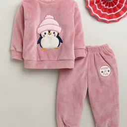 Bumzee Velvet Knit Full Sleeves Winter Wear T-Shirt & Lounge Pant Set With Penguin Embroidery - Pink-picture-14