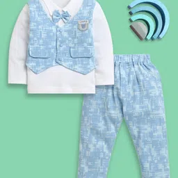 BUMZEE Cotton Knit Full Sleeves Abstract Print Formal Shirt with Attached Waistcoat & Bow & Trouser Set - Sky Blue & White-image-82