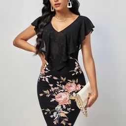 KPOP Women Floral Printed Flutter Sleeve Ruffled Bodycon Dress-image-22
