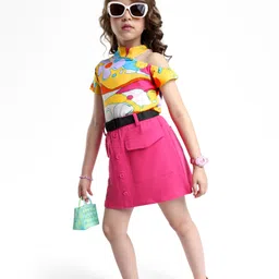 OLLINGTON ST. Cotton Floral Printed Half Sleeves Top & Skirt with Belt - Neon Pink image 2