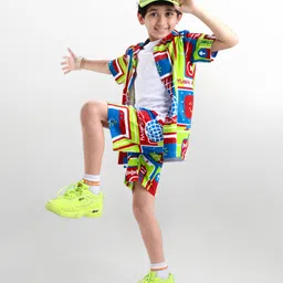 OLLINGTON ST. Sinker Knit Half Sleeves Co-ords Printed Shirt & Shorts With Inner Tee - Multicolour image 2