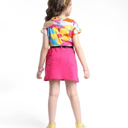 OLLINGTON ST. Cotton Floral Printed Half Sleeves Top & Skirt with Belt - Neon Pink image 3