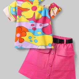 OLLINGTON ST. Cotton Floral Printed Half Sleeves Top & Skirt with Belt - Neon Pink image 4