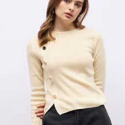 Styli Women Round Neck Fitted Sweater With Golden Button-image-41